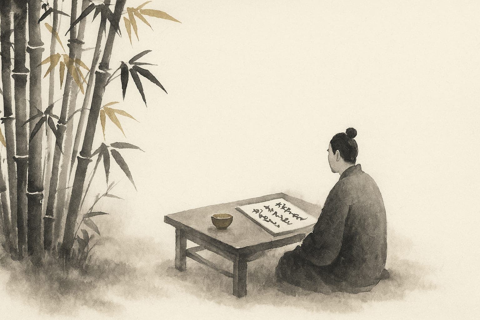 Ink wash painting of a bamboo grove beside a low tea table and a brush-written page